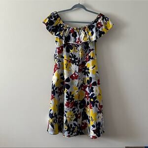 Zara Basic Denim Blue Floral Off the Shoulder Spring Button up Dress sz Large